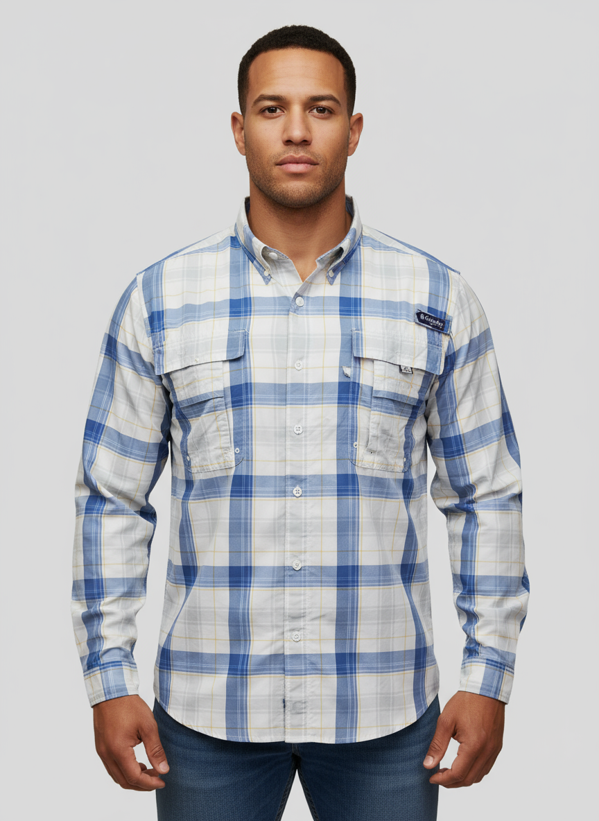 Camisa Columbia 🔹 Super Bahama Color blanco con patrón de cuadros en azul y gris Talla XXL