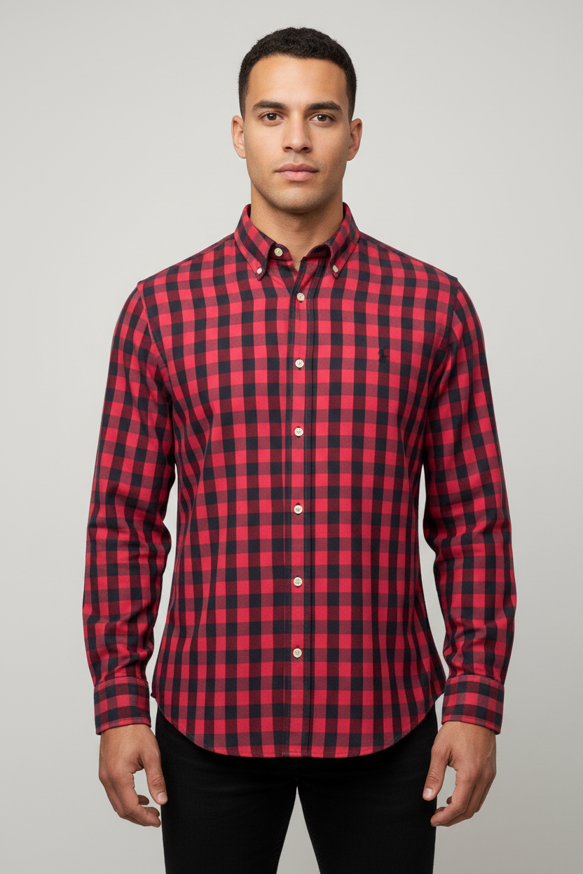 Camisa Polo Ralph Lauren 🏇🏼 Performance con patron de cuadros gingham rojo y negro Talla L Entalle Clásico