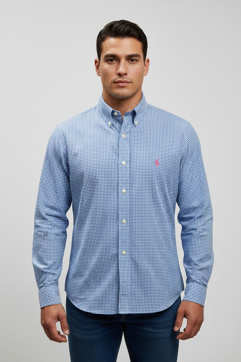 Camisa Polo Ralph Lauren 🏇🏼 color blanco de cuadros azul Talla L Entalle Regular