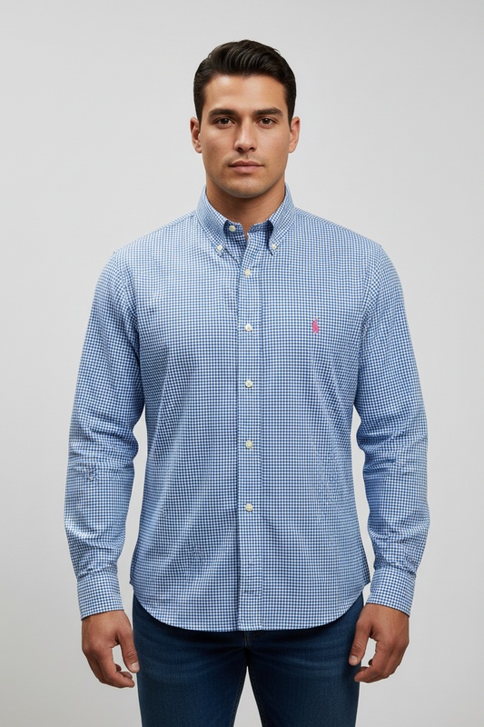 Camisa Polo Ralph Lauren 🏇🏼 color blanco de cuadros azul Talla L Entalle Regular