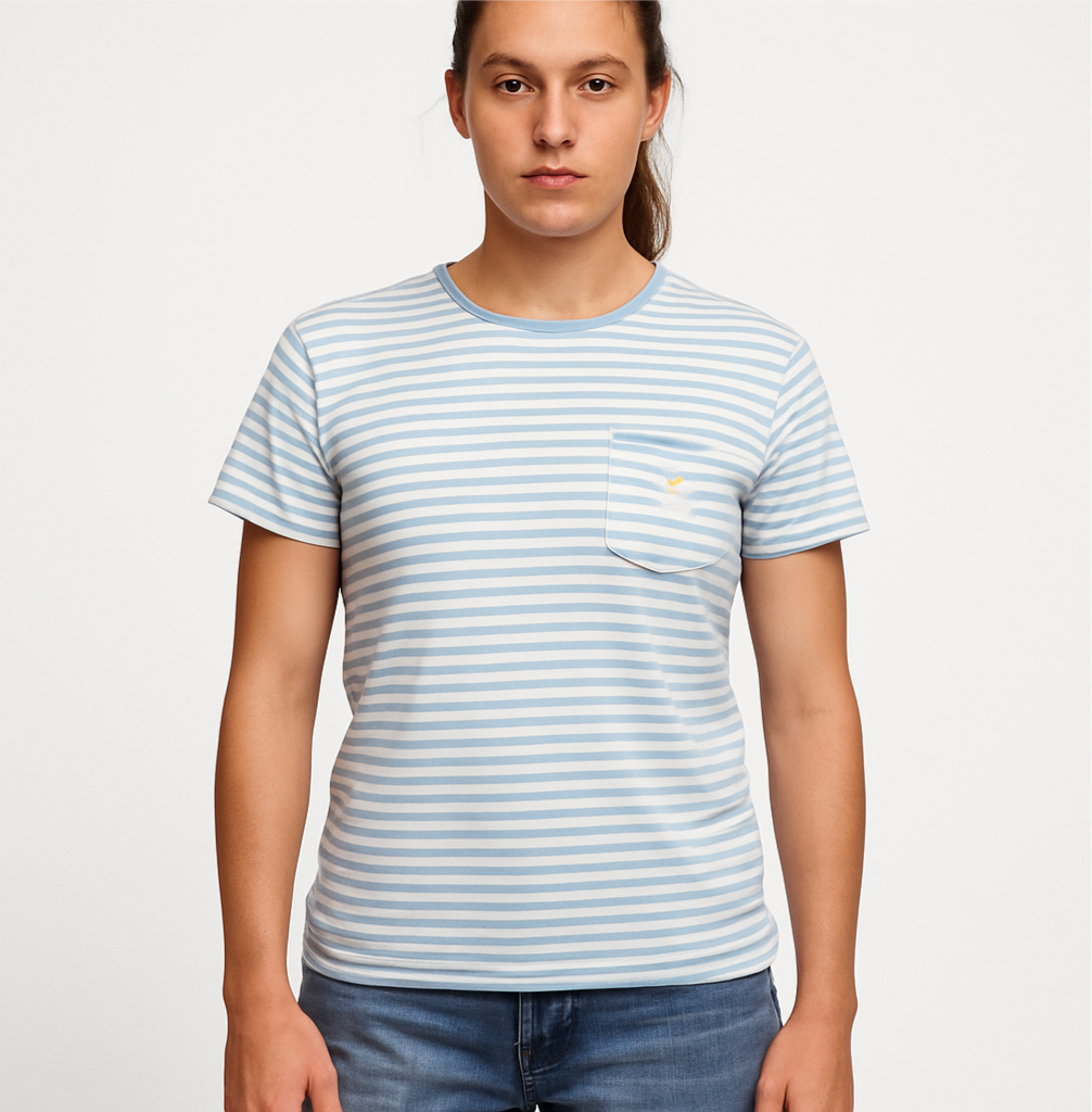 Camiseta de mujer cuello redondo Polo Ralph Lauren 🏇🏼 con patron de rayas en color celeste y blanco Talla M Entalle Regular