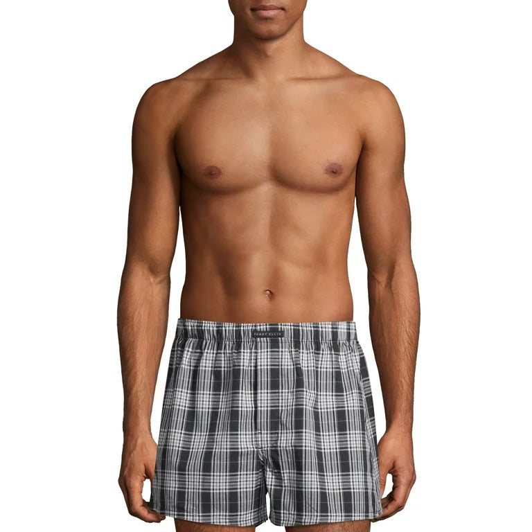 Paquete de 3 Boxer tejidos Perry Ellis Tela algodón con patrón de cuadros en color negro, blanco y celeste Talla S