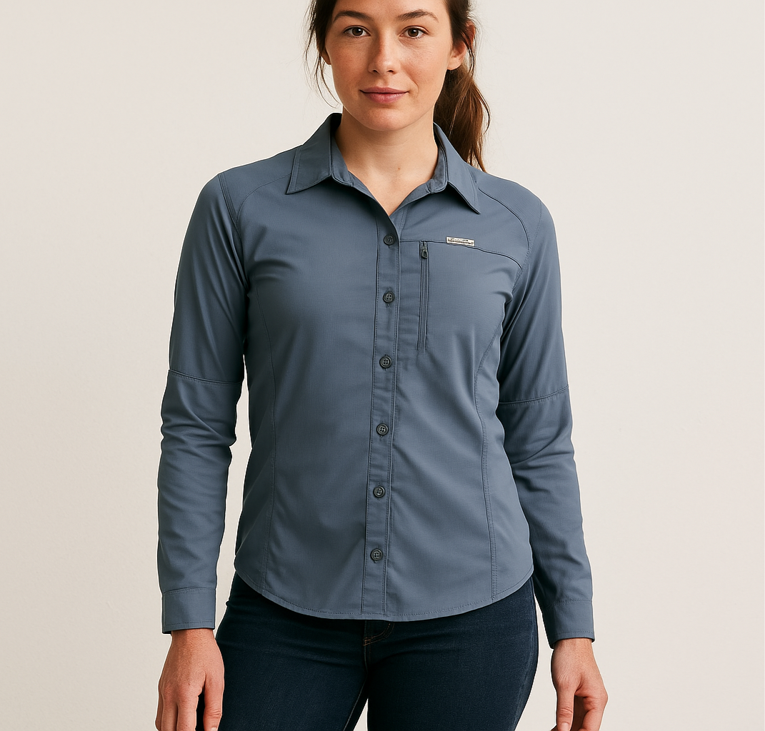 Camisa de mujer Columbia 🔹color gris claro con Omni Shade Manga larga Talla S