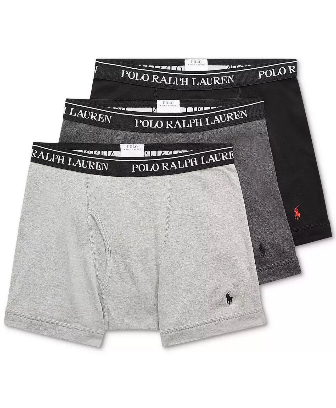 Paquete de 3 Boxer Briefs Polo Ralph Lauren 🏇🏼 Classic Fit Tela algodón stretch color gris oscuro, negro y gris claro Talla S