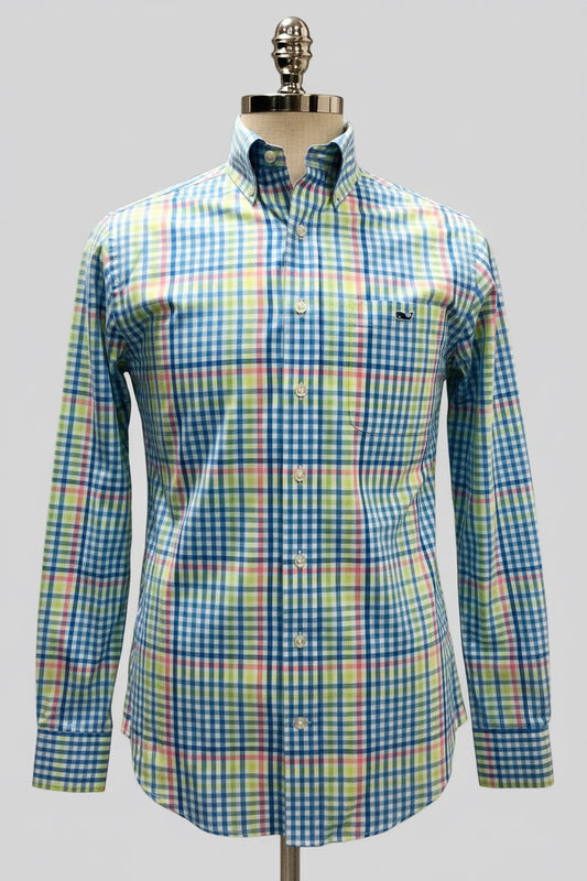Camisa de botones Vineyard Vines 🐳 color blanco de cuadros en color rosado, verde y celeste Talla S Entalle Slim Fit (ver descripción)