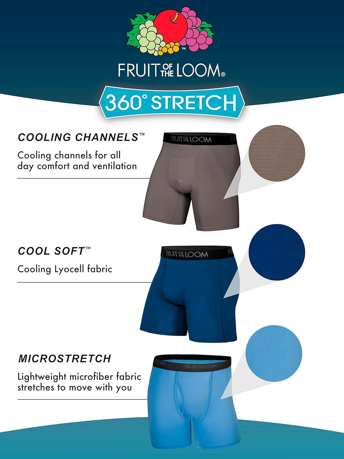 Paquete de 5 Calzoncillos tipo Boxer Fruit of the Loom 🍊 de microfibra Stretch en varios colores - Talla S