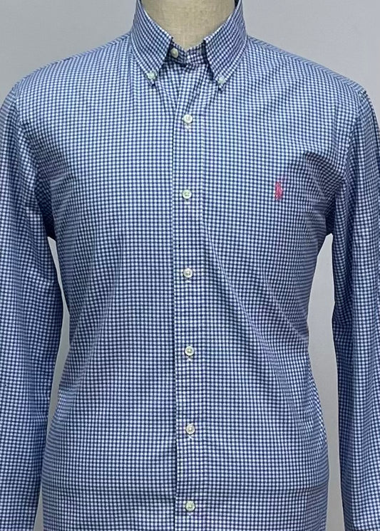 Camisa Polo Ralph Lauren 🏇🏼 con patrón de cuadros gingham celeste y blanco Talla M Entalle Regular