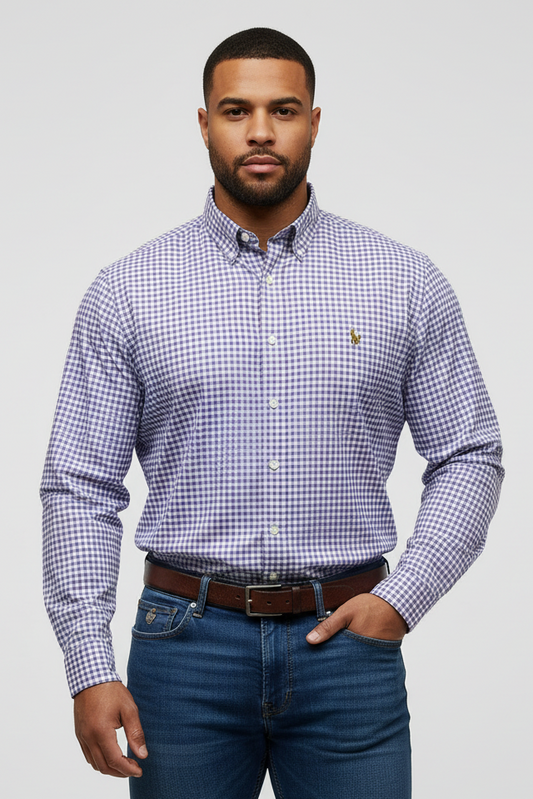Camisa de botones Polo Ralph Lauren 🏇🏼 Oxford de cuadros gingham en color morado y blanco Talla S Entalle regular