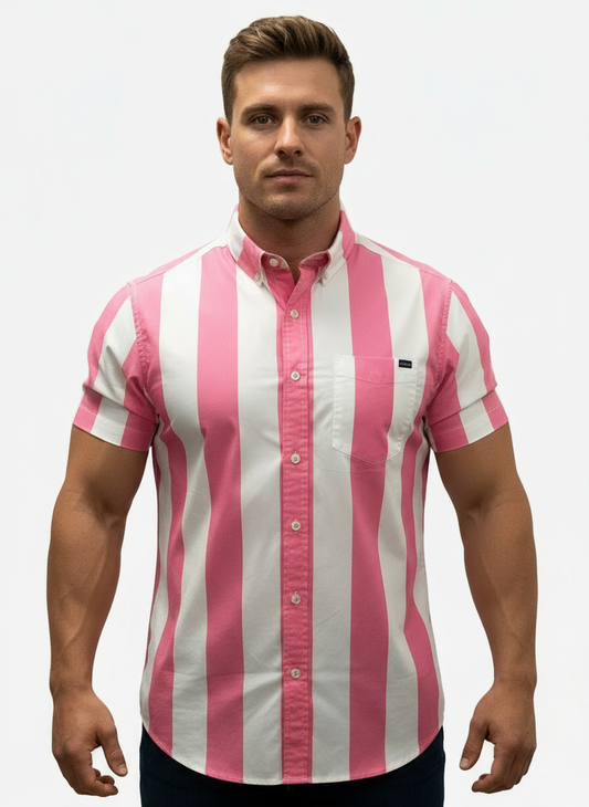Camisa de botones Chubbies 🌴 De rayas en color rosado y blanco manga corta Talla M Entalle Regular
