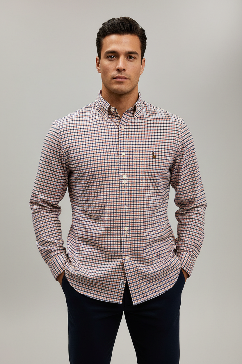 Camisa Polo Ralph Lauren 🏇🏼 Color blanco con patron de cuadros azul y naranja Talla S Entalle Regular