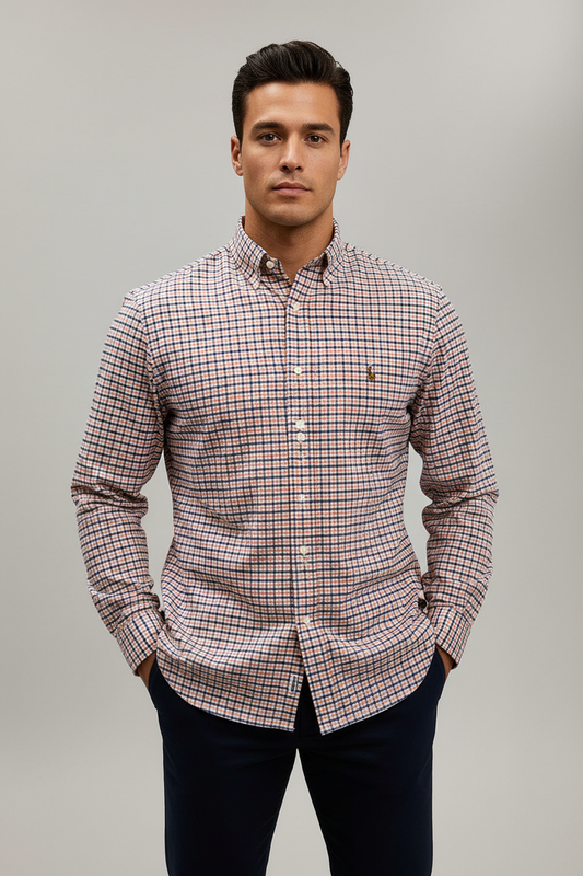Camisa Polo Ralph Lauren 🏇🏼 Color blanco con patron de cuadros azul y naranja Talla S Entalle Regular