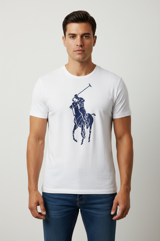 Camiseta cuello redondo de Polo Ralph Lauren 🏇🏼 color blanco con diseño Big Pony en color Azul Talla S Entalle Clásico