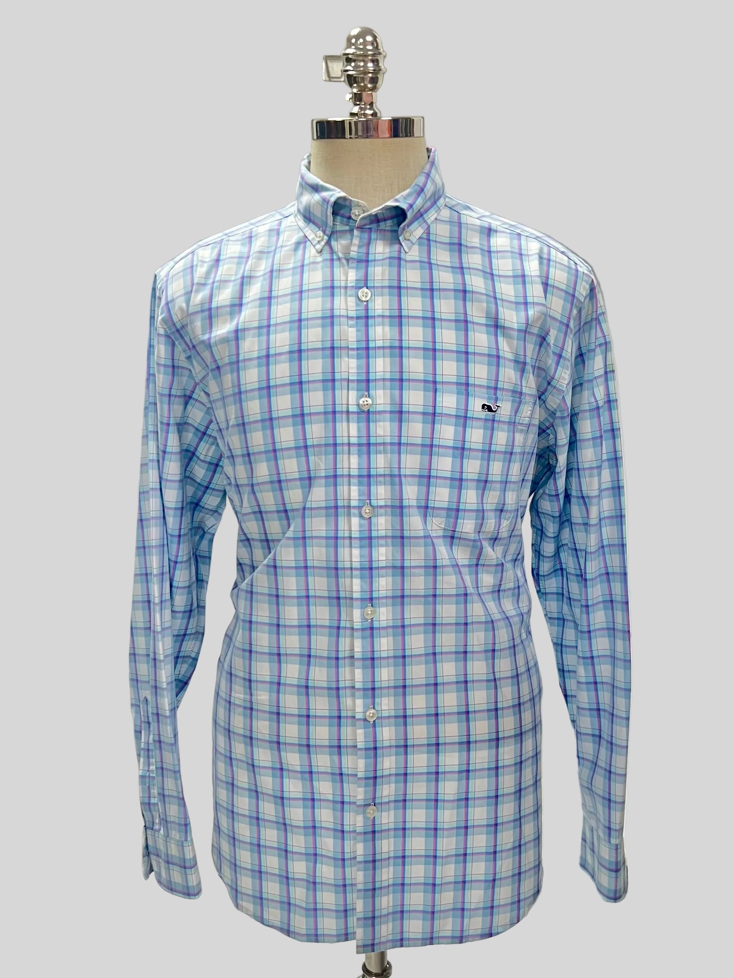 Camisa Vineyard Vines 🐳 Color blanco de cuadros en celeste y rosado Talla L Entalle Clásico