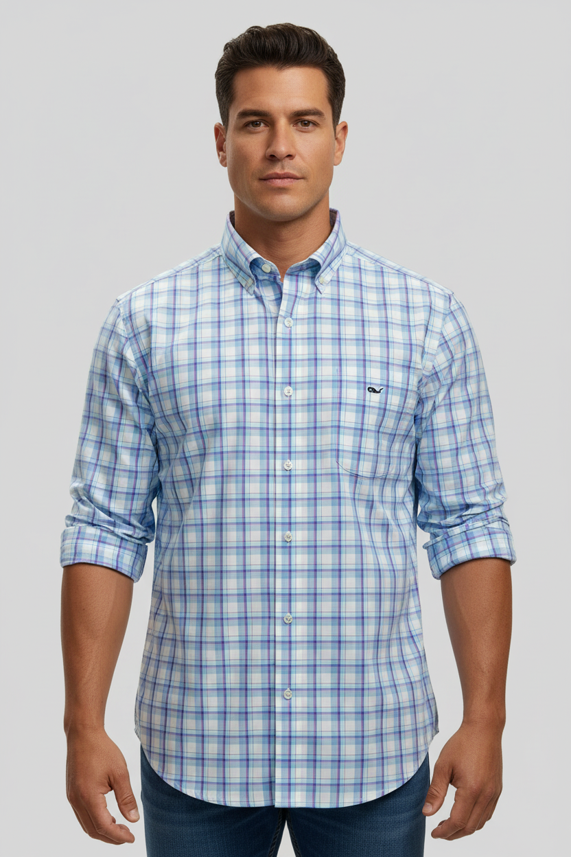 Camisa Vineyard Vines 🐳 Color blanco de cuadros en celeste y rosado Talla L Entalle Clásico