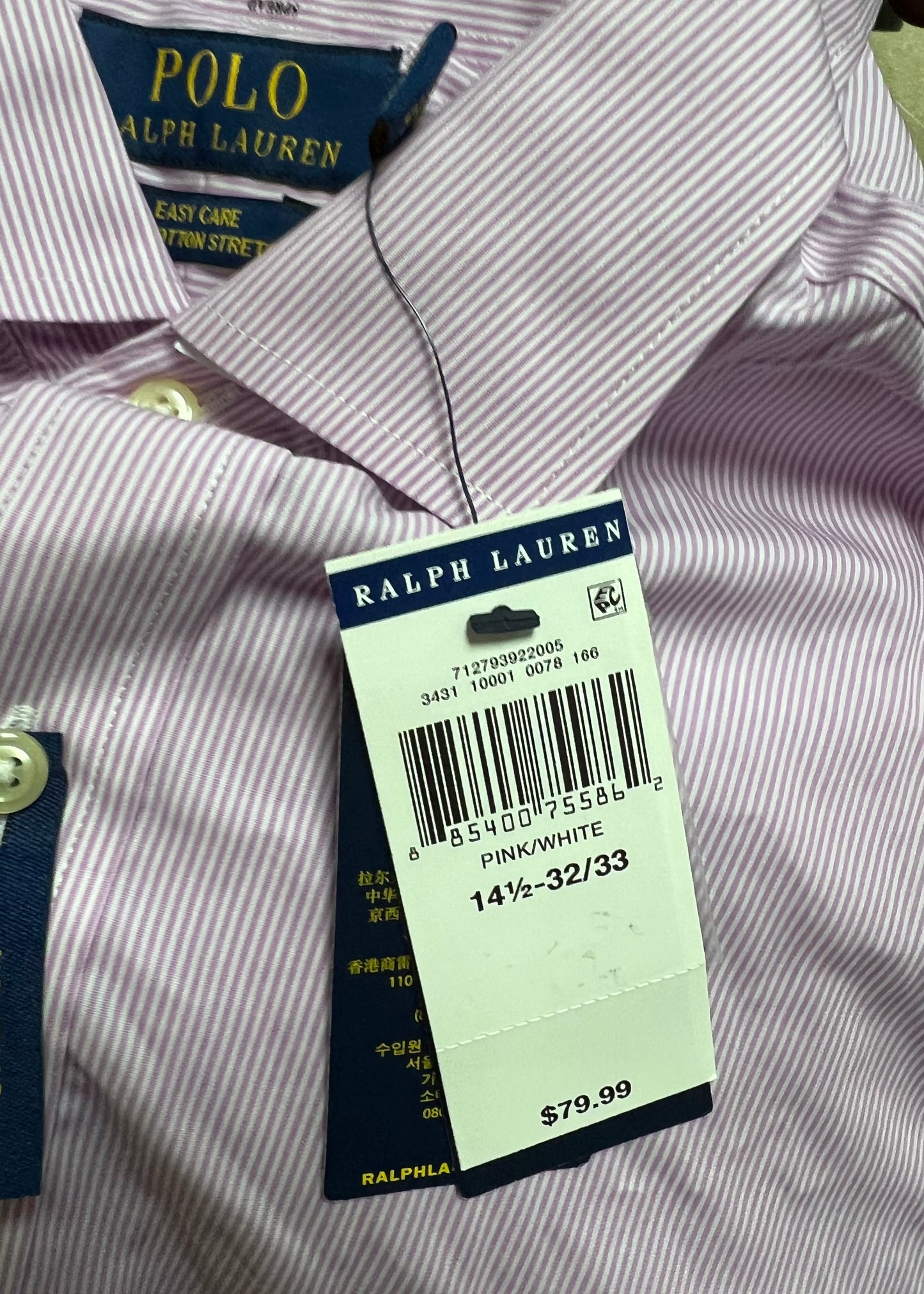 Camisa Polo Ralph Lauren 🏇🏼 color blanco con patron de rayas finas en color rosado Talla S Entalle Clásico