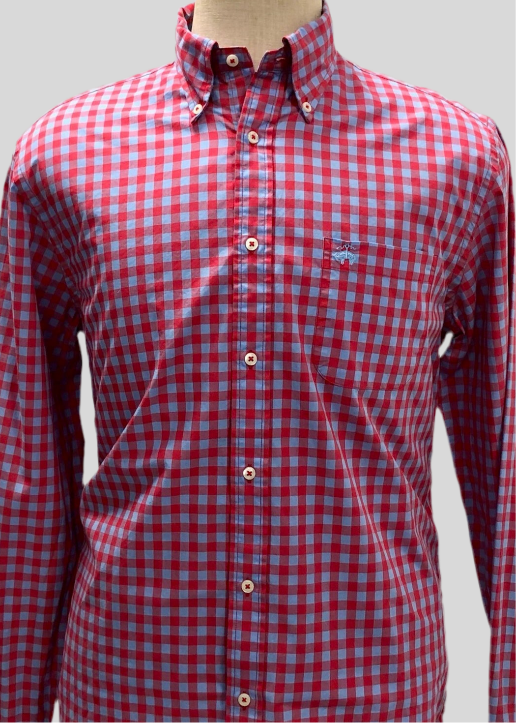 Camisa de botones Brooks Brothers 🐑 con cuadros gingham en rojo y celeste Talla M Entalle Regular