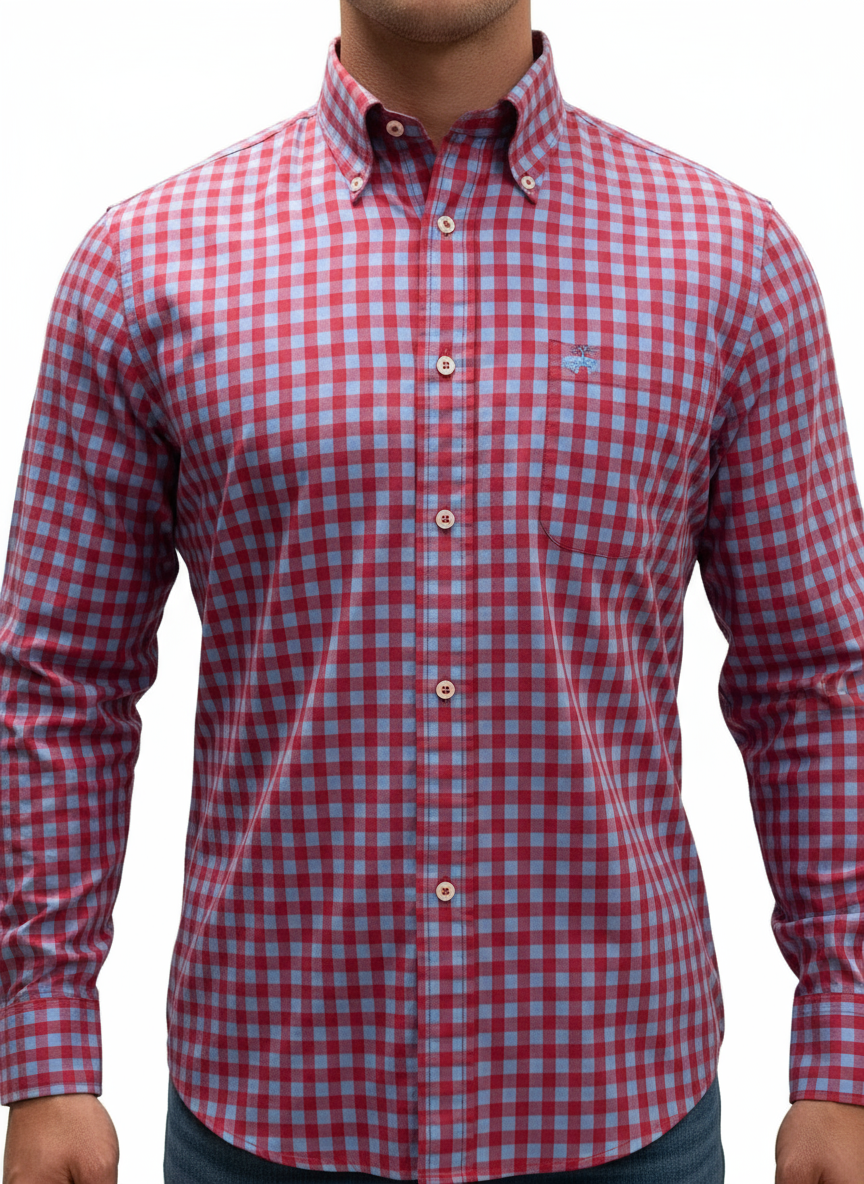 Camisa de botones Brooks Brothers 🐑 con cuadros gingham en rojo y celeste Talla M Entalle Regular