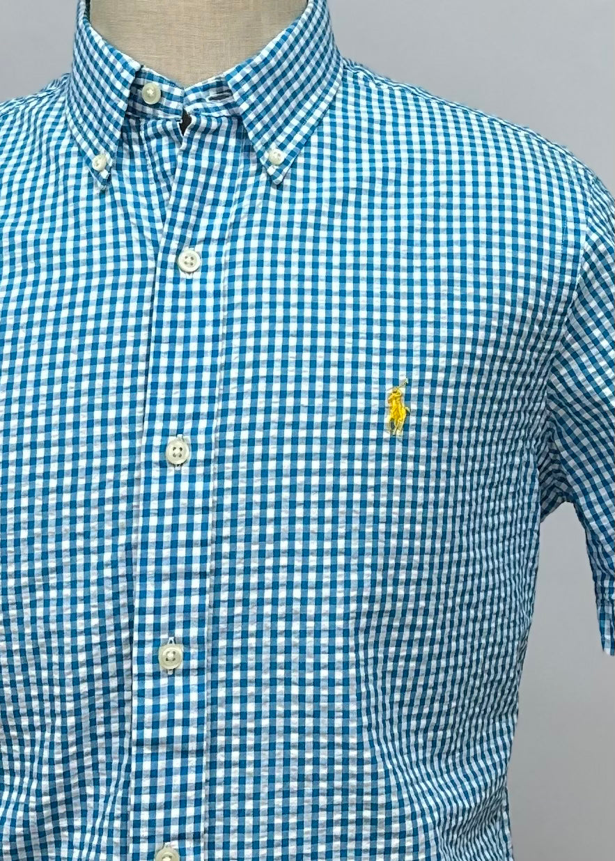 Camisa Polo Ralph Lauren 🏇🏼 Seersucker de cuadros en turquesa y blanco Talla M Entalle Regular