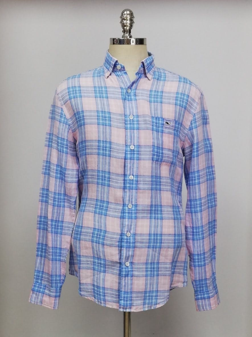 Camisa de botones Vineyard Vines 🐳 De Lino color rosado con patrón de cuadros en azul y blanco Talla M Entalle Clásico