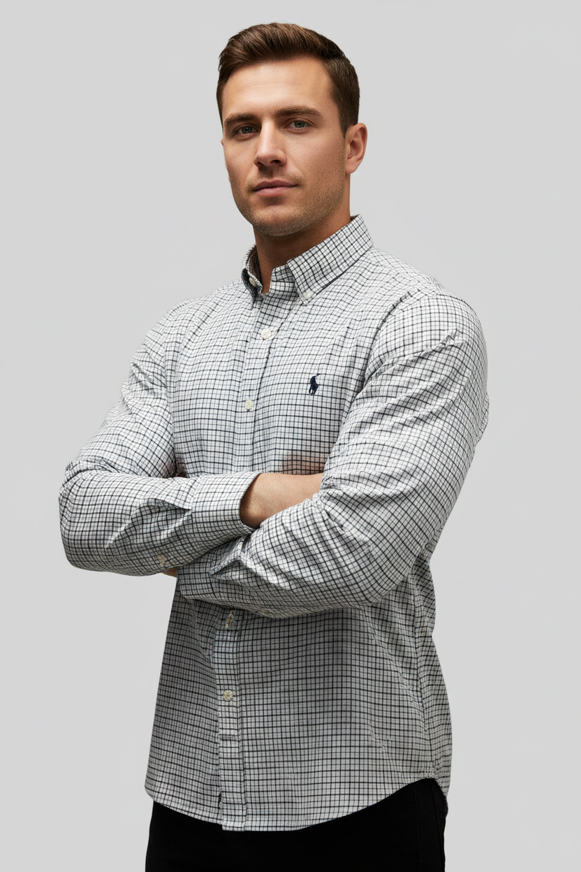 Camisa Polo Ralph Lauren 🏇🏼 color blanco de cuadros azul y negro Talla L Entalle Regular