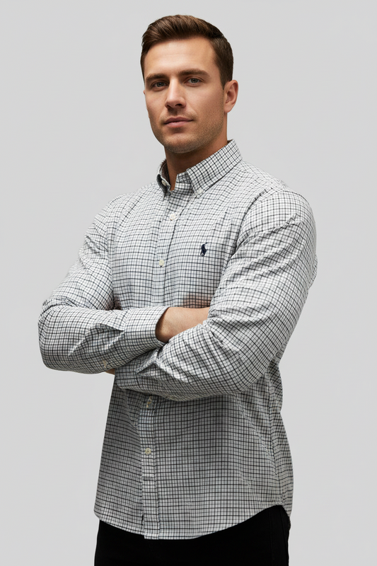 Camisa Polo Ralph Lauren 🏇🏼 color blanco de cuadros azul y negro Talla L Entalle Regular