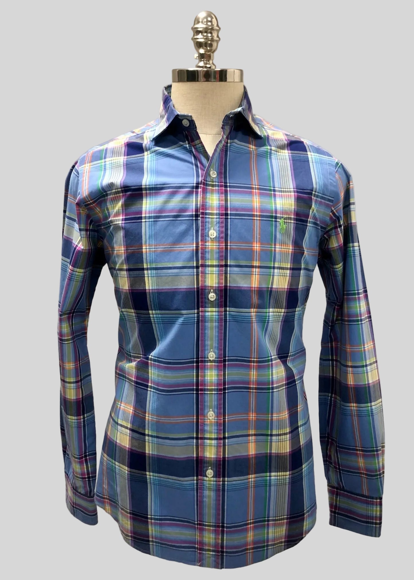 Camisa Polo Ralph Lauren 🏇🏼 con patrón de cuadros tartán azul, celeste y naranja Talla M Entalle Regular