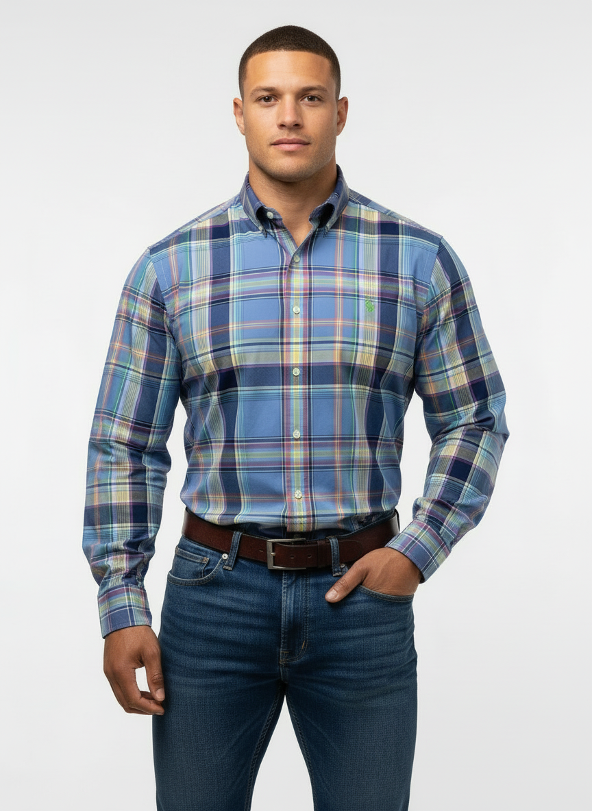 Camisa Polo Ralph Lauren 🏇🏼 con patrón de cuadros tartán azul, celeste y naranja Talla M Entalle Regular