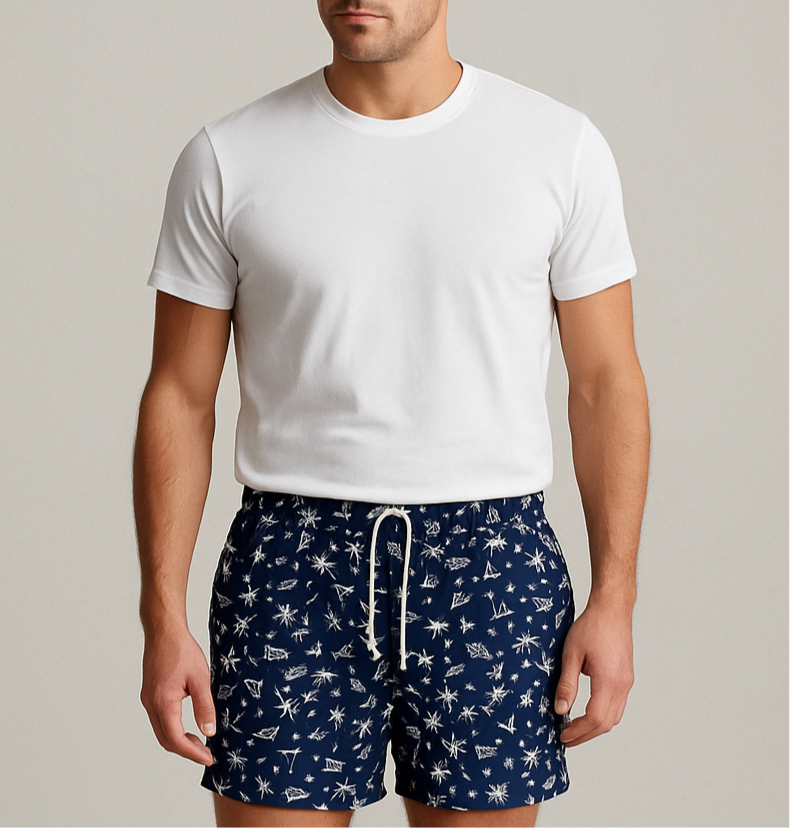 Short de baño Polo Ralph Lauren 🏇🏼color azul navy con diseño de isla en blanco talla XL