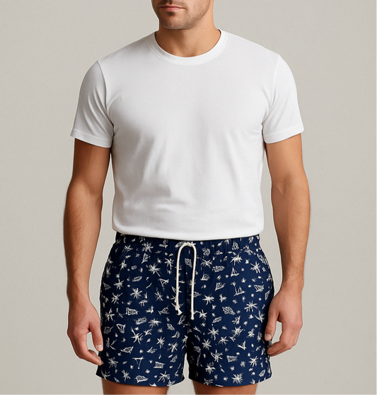 Short de baño Polo Ralph Lauren 🏇🏼color azul navy con diseño de isla en blanco talla XL