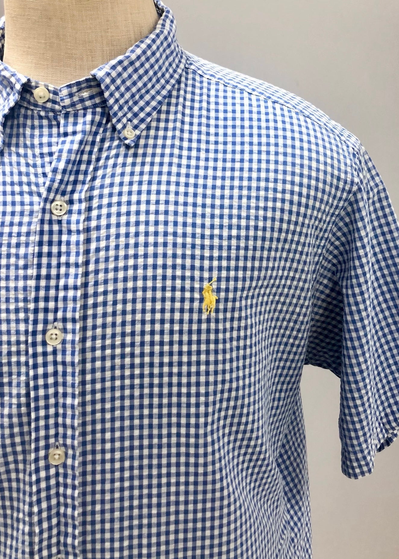 Camisa de botones Polo Ralph Lauren 🏇🏼 Seersucker de cuadros gingham en azul y blanco Talla XL Entalle Clásico