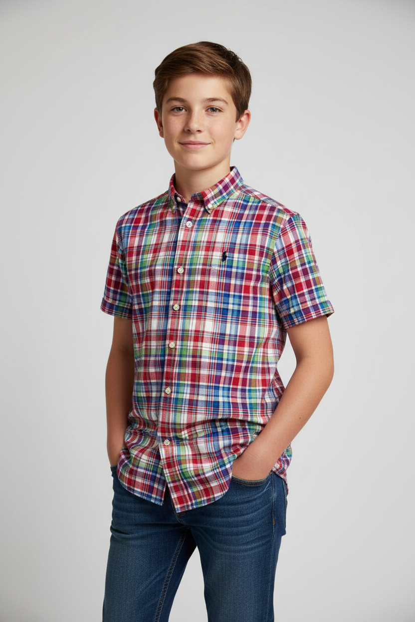 Camisa de niño Polo Ralph Lauren 🏇🏼 con patron de cuadros en rojo, azul, blanco y verde Talla L (14-16) Entalle Regular