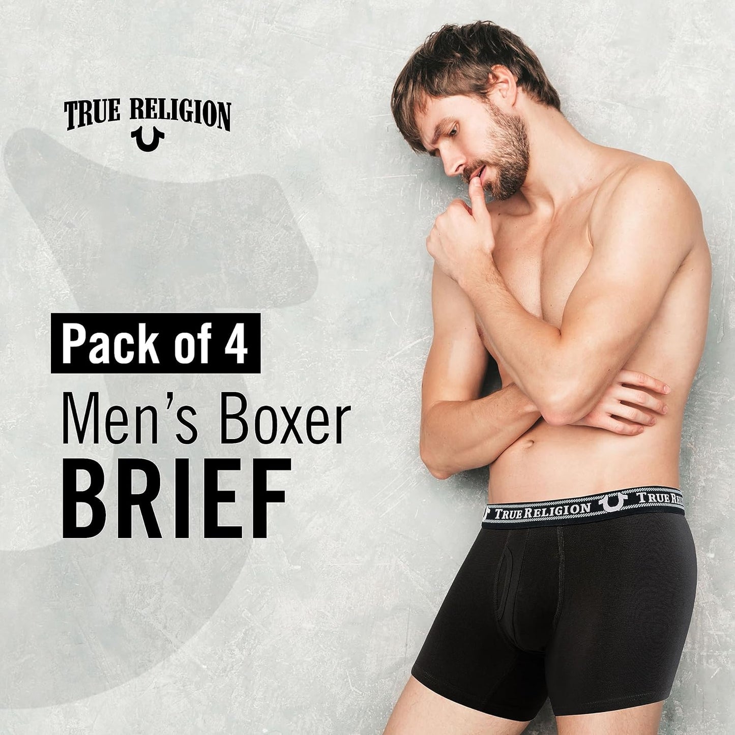 Paquete de 4 Boxers Briefs True Religion 👖 Tela de algodón modal color Negro, gris y diseño de logo Talla S