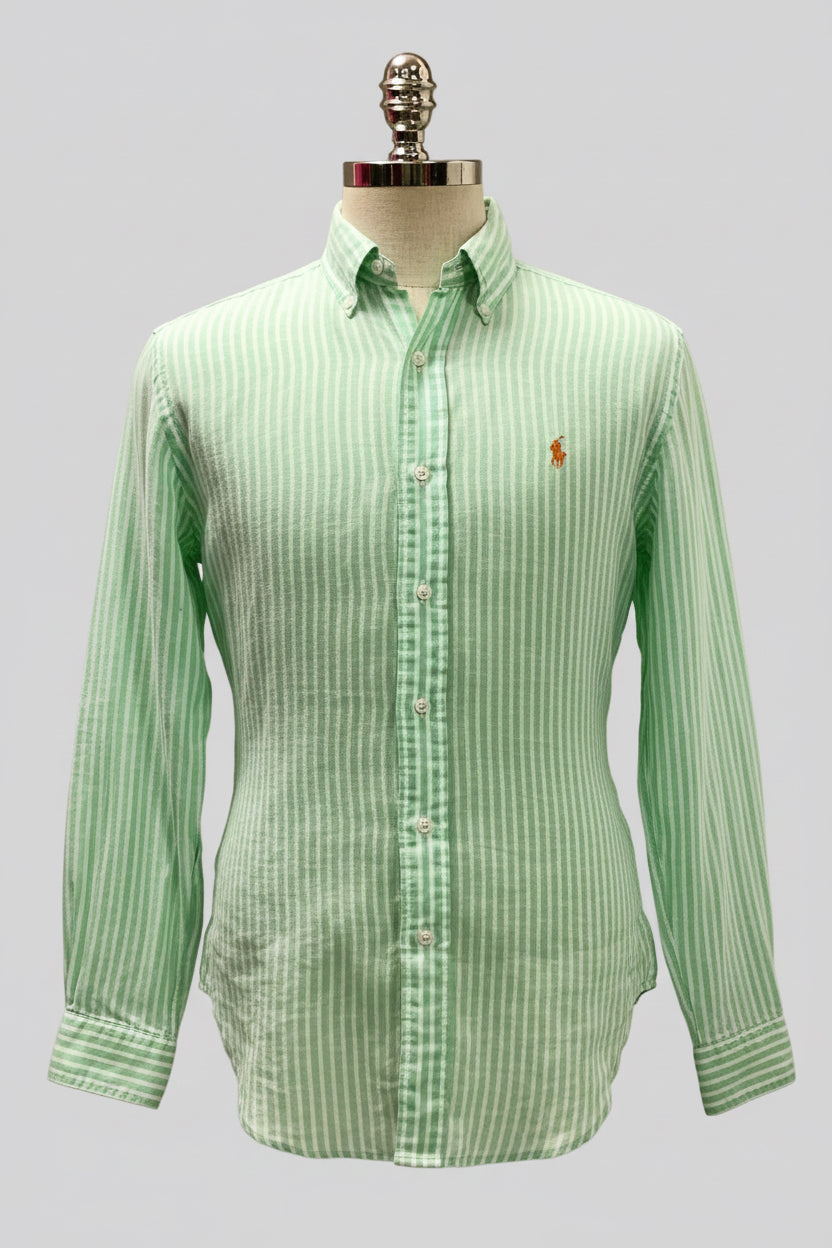 Camisa Polo Ralph Lauren 🏇🏼 de Lino con patron de rayas en color verde y blanco Talla M Entalle Clásico