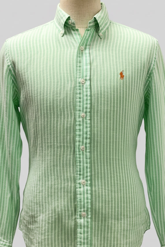 Camisa Polo Ralph Lauren 🏇🏼 de Lino con patron de rayas en color verde y blanco Talla M Entalle Clásico
