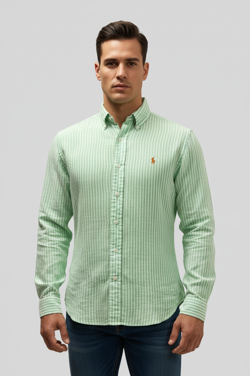 Camisa Polo Ralph Lauren 🏇🏼 de Lino con patron de rayas en color verde y blanco Talla M Entalle Clásico
