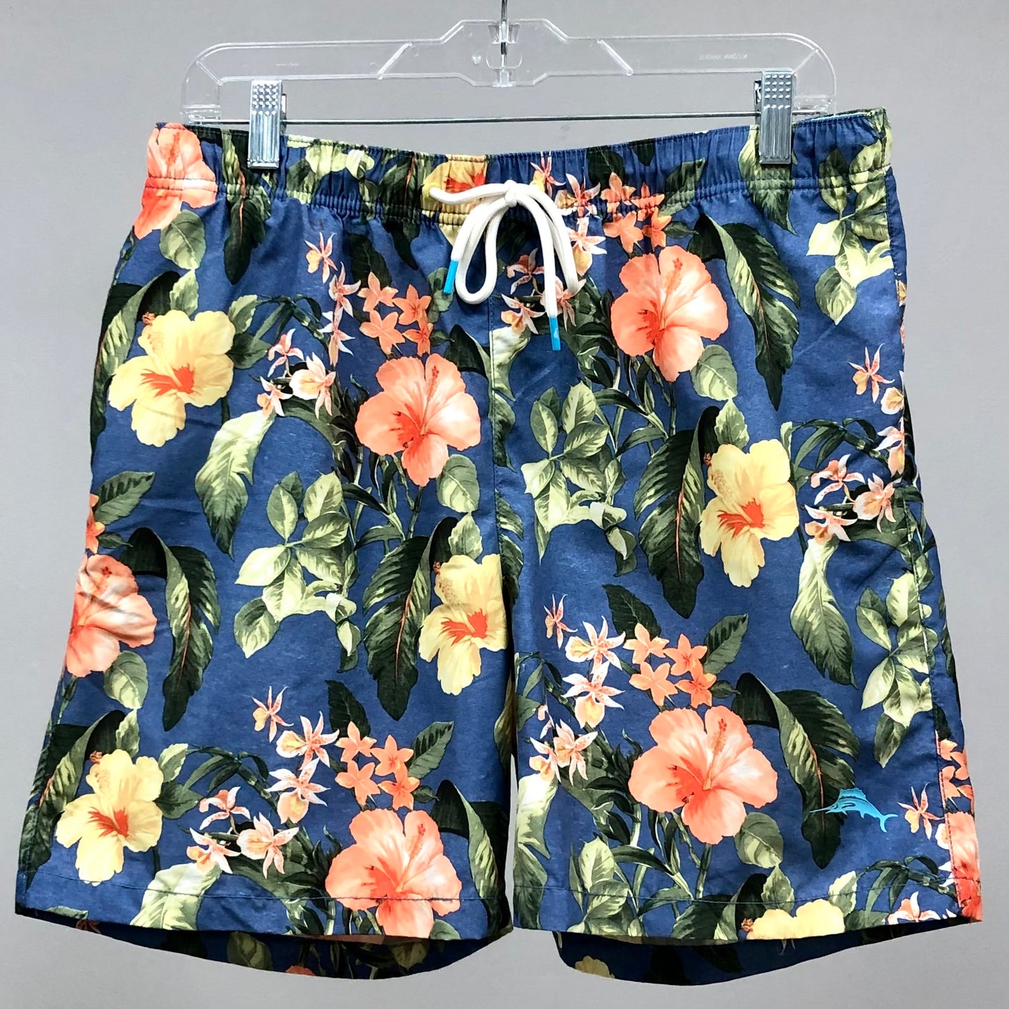 Short de baño Tommy Bahama 🏝 color azul navy con diseño floral en amarillo y naranja talla M