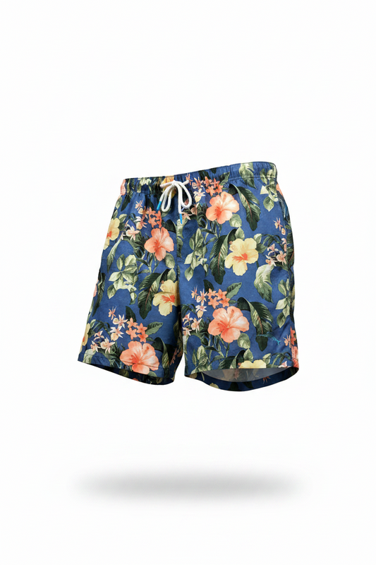 Short de baño Tommy Bahama 🏝 color azul navy con diseño floral en amarillo y naranja talla M