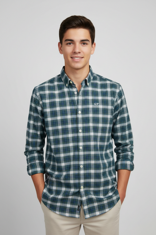 Camisa de niño Vineyard Vines 🐳 con patrón de cuadros en color azul, blanco y verde Talla L Entalle Regular