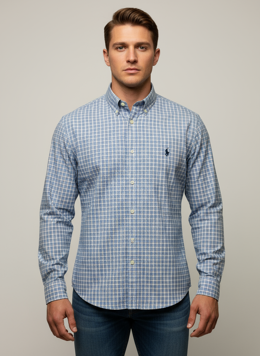 Camisa Polo Ralph Lauren 🏇🏼 de cuadros en celeste y rosado Talla M Entalle Regular