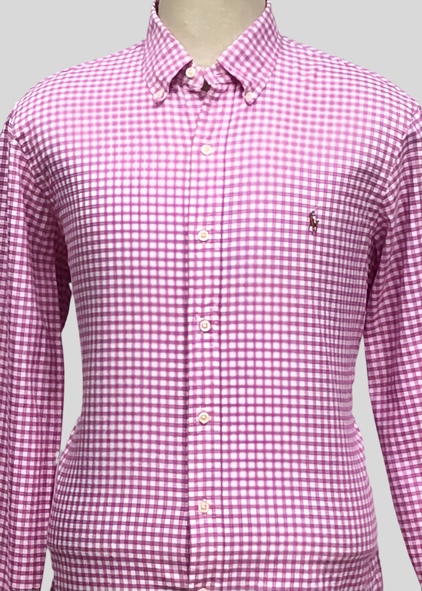 Camisa Polo Ralph Lauren 🏇🏼 Oxford con patron de cuadros gingham rosado intenso y blanco Talla L Entalle Regular