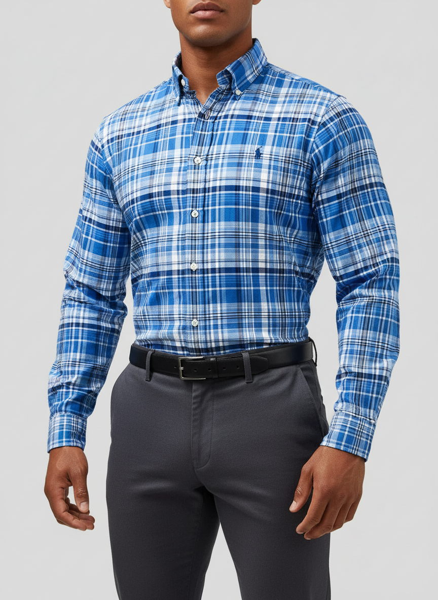 Camisa de botones Polo Ralph Lauren 🏇🏼 de cuadros celeste, azul y blanco Talla M Entalle Regular