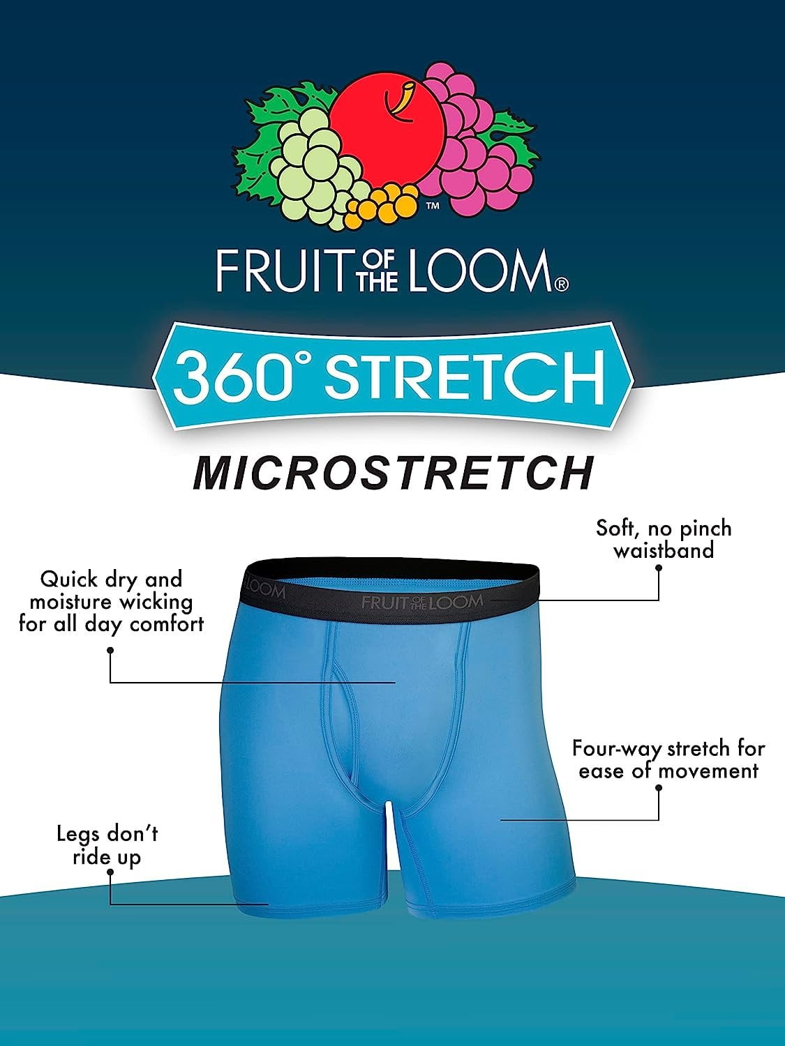 Paquete de 5 Calzoncillos tipo Boxer Fruit of the Loom 🍊 de microfibra Stretch en varios colores - Talla S