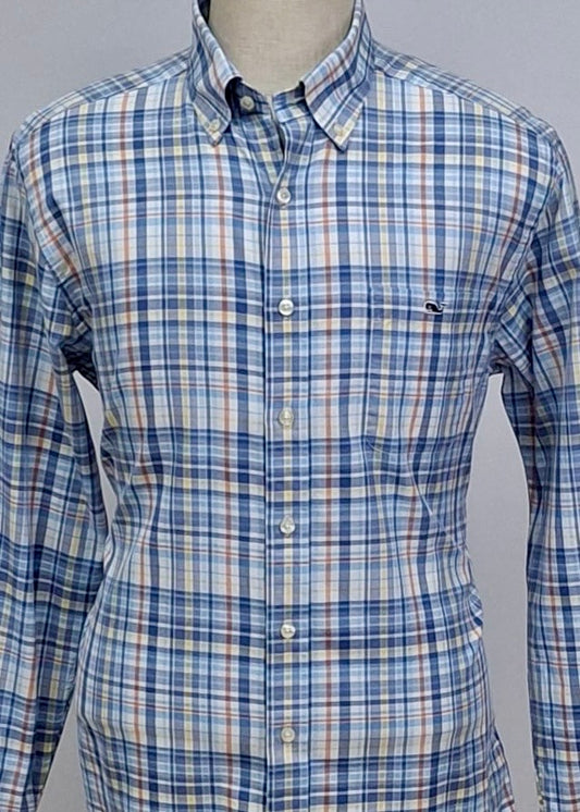 Camisa de botones Vineyard Vines 🐳 color blanco de cuadros en color naranja, azul, celeste y amarillo Talla L Entalle Slim Fit