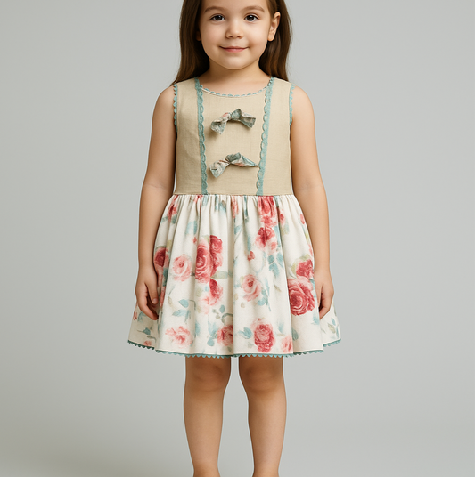 Vestido español de lino para niña Laquinta🌱 Color crema con detalles en turquesa y falda blanca con diseño floral Talla 6