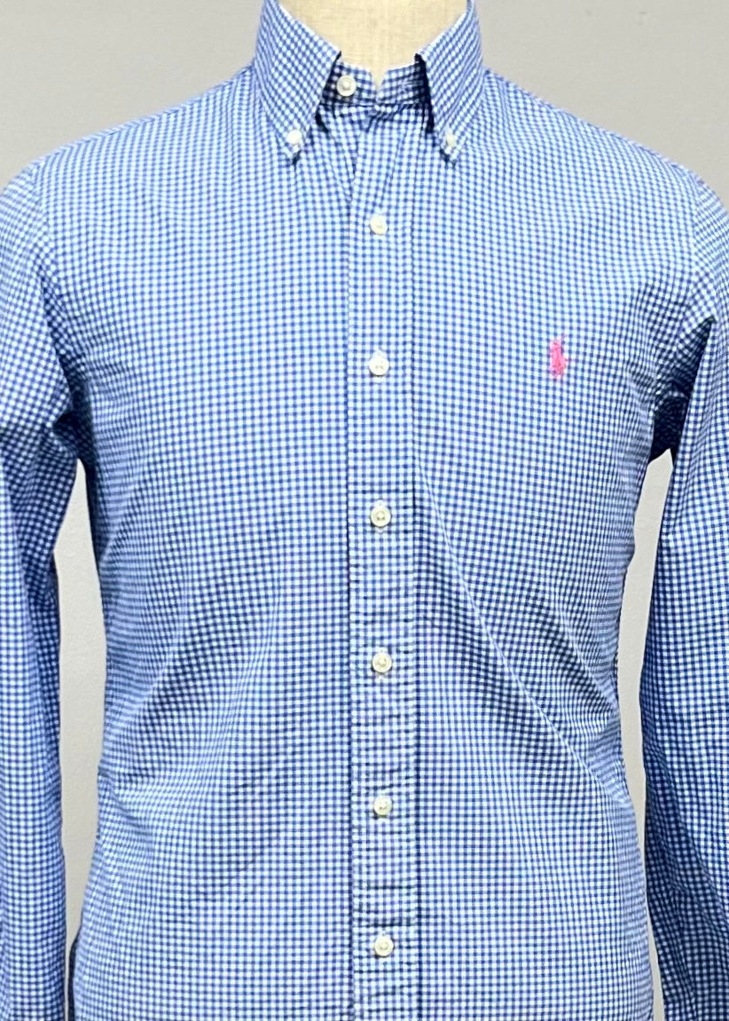 Camisa Polo Ralph Lauren 🏇🏼 con patrón de cuadros gingham celeste y blanco Talla S Entalle Regular