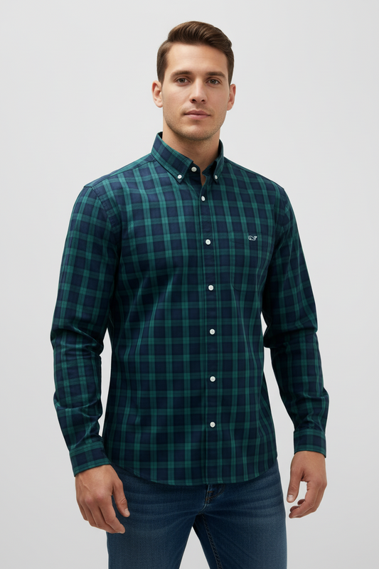 Camisa de botones Vineyard Vines 🐳 de cuadros tartán en color verde oscuro y azul navy Talla L Entalle Clasico