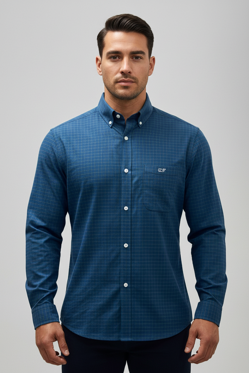 Camisa de botones Vineyard Vines 🐳 Performance de cuadros en color verde oscuro y azul navy Talla M Entalle Clasico