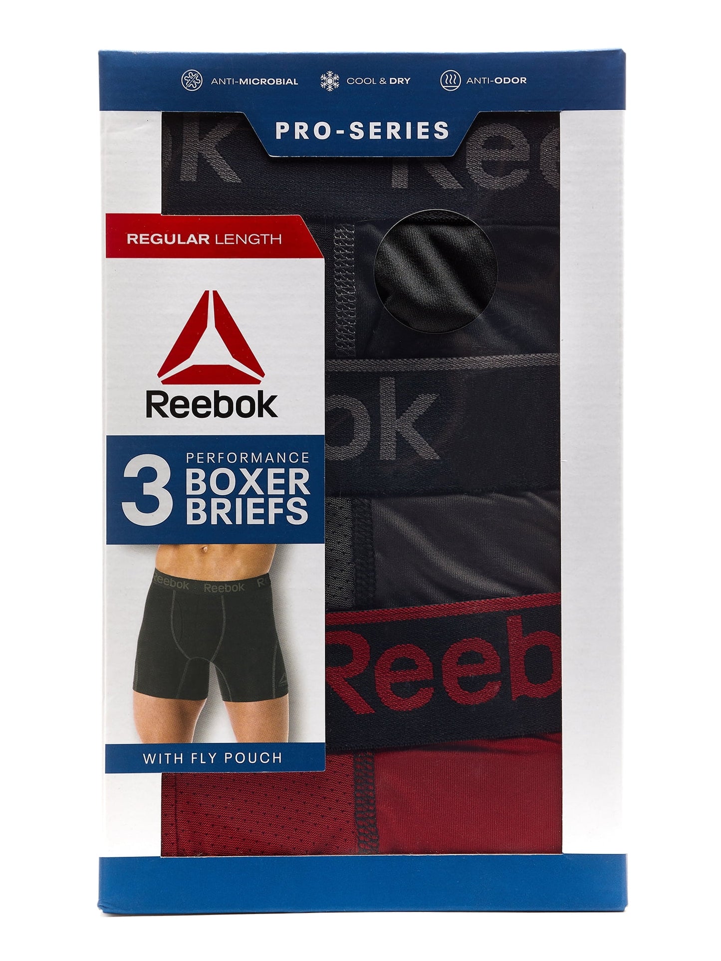 Combo de 3 Boxers Briefs Reebok Tela Performance en color negro, gris y rojo oscuro Largo Regular Talla M y L