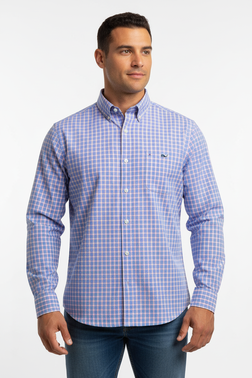 Camisa Vineyard Vines 🐳 de cuadros en color celeste, rosado y blanco Talla L Entalle Clásico
