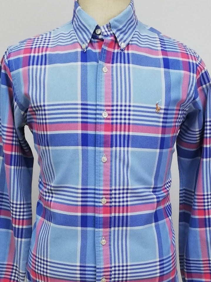 Camisa Polo Ralph Lauren 🏇🏼 Oxford con patron de cuadros tartán en color celeste, azul y rosado Talla M Entalle Clásico (ver descripción)